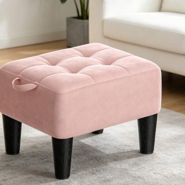 Thick Velvet Cushion Footstool With Legs, Jelly Pink