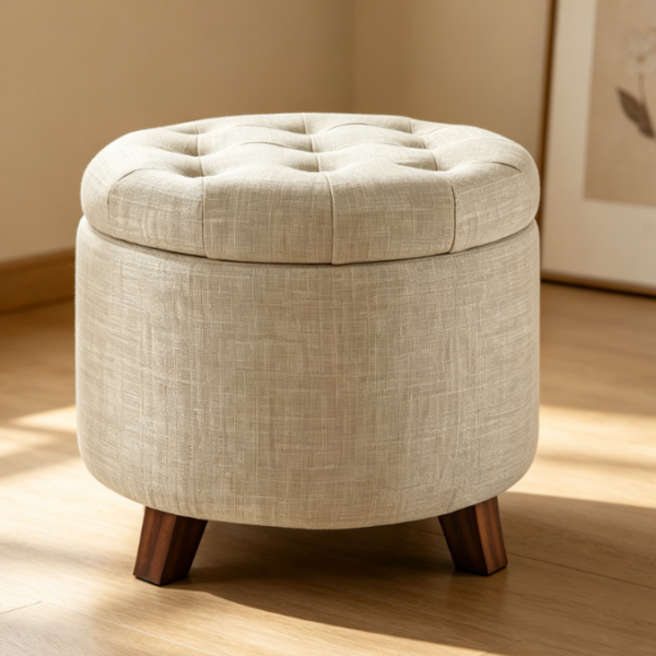 Round Button Tufted Storage Footstool, Beige Linen