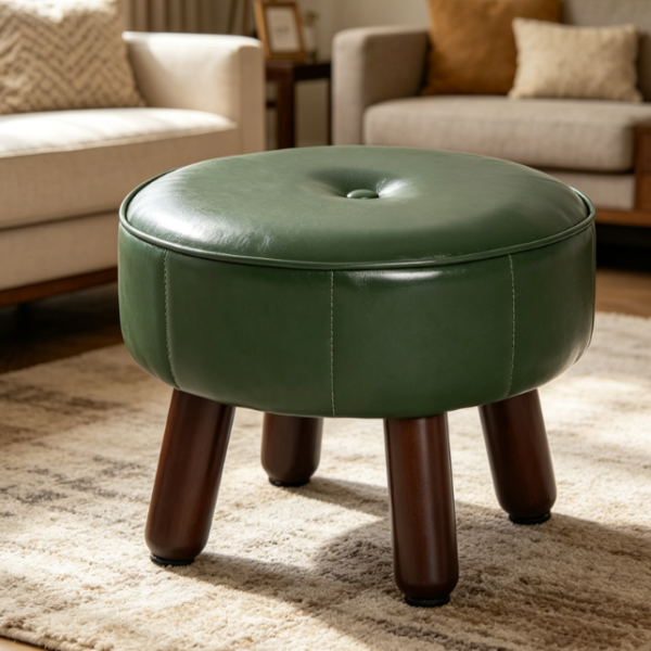 Round Faux Leather Footstool With Non-Slip Rubber Legs, Green